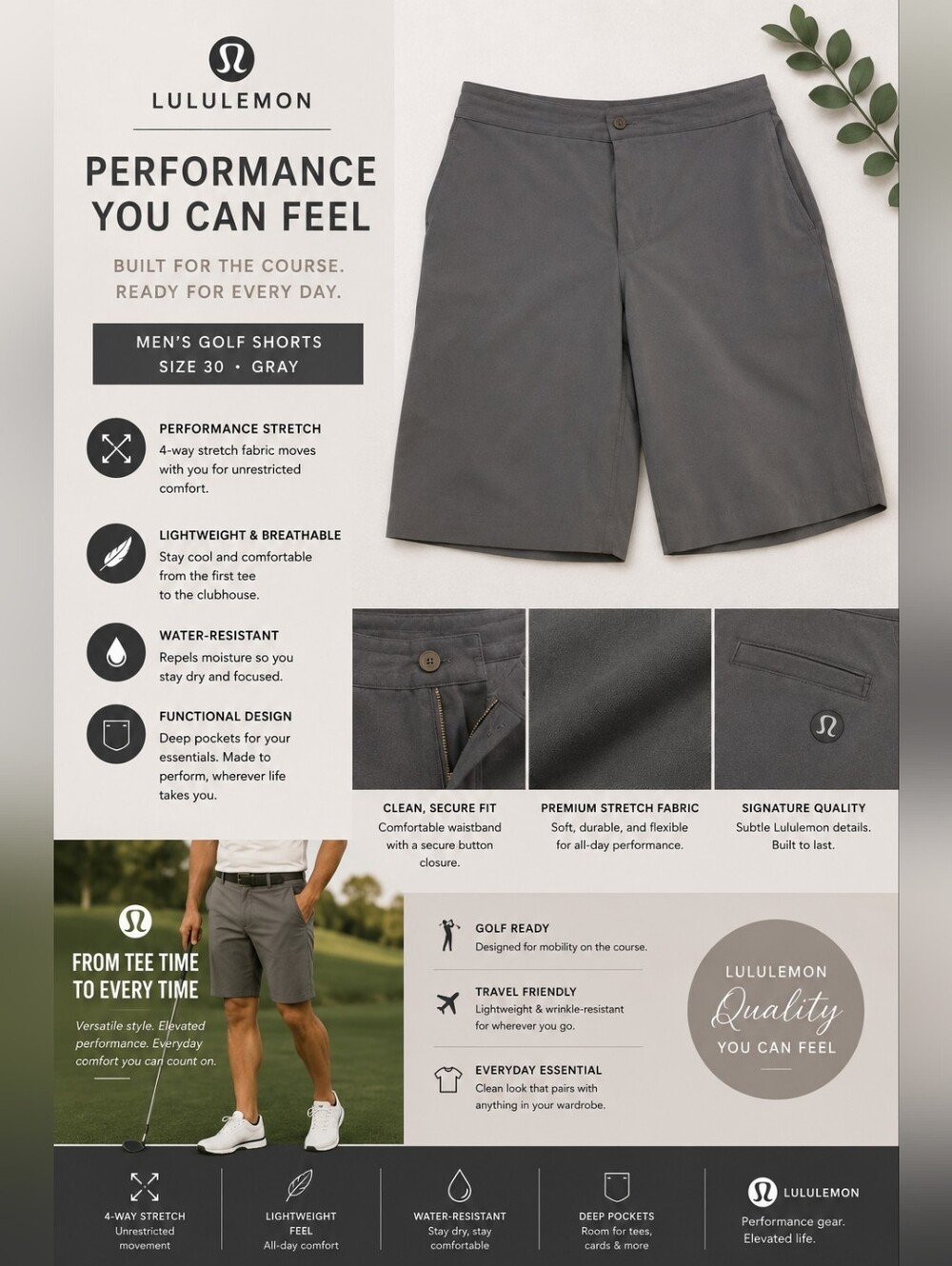 Lululemon Men's Golf Shorts Gray Size 30 Performance Stretch Casual